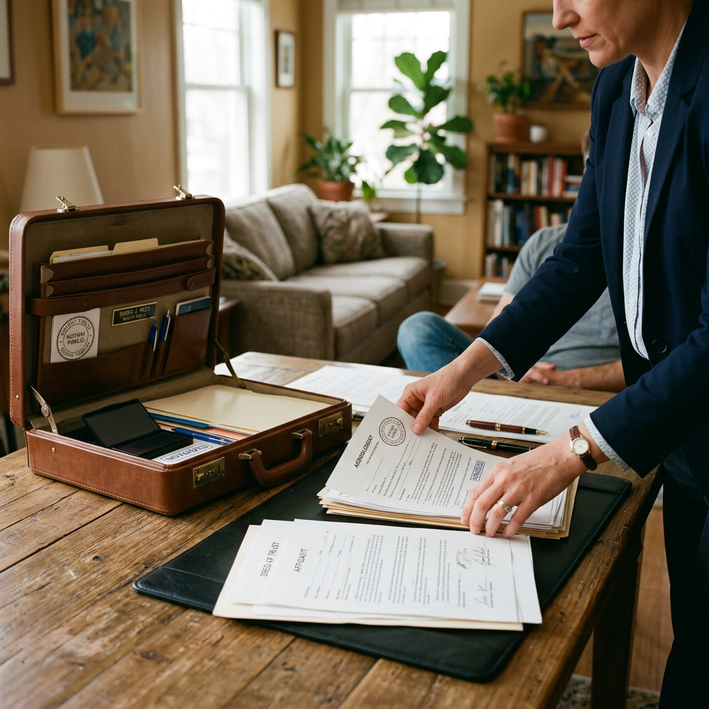 Person organizing affidavits and papers beside an open briefcase on a table